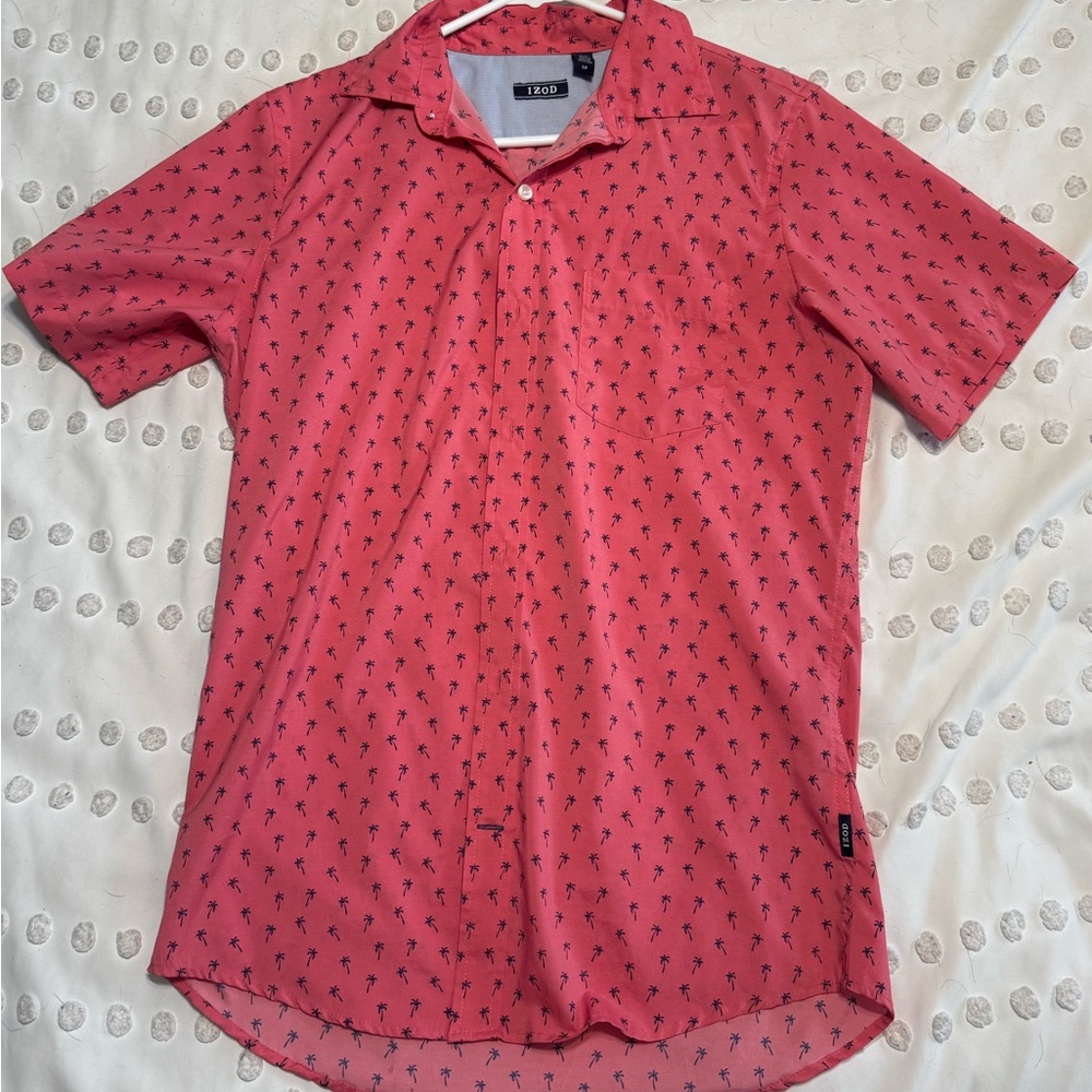 Red Casual Button Down Shirt with Short Sleeves and Lightweight Fabric